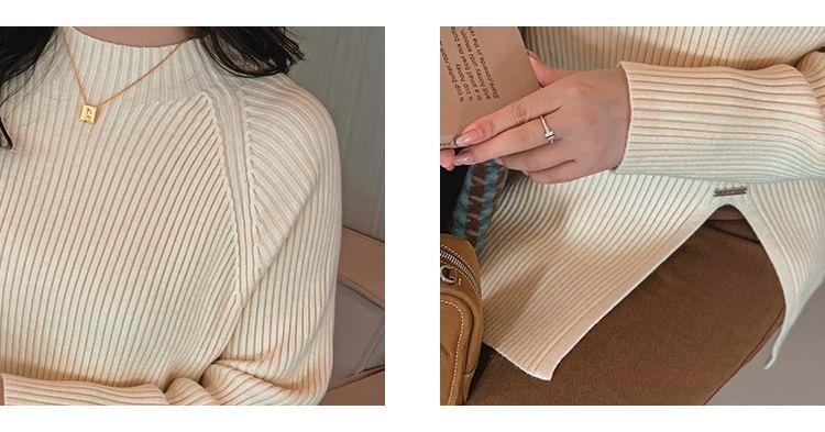 Mock Neck Plain Slit Ribbed Sweater Product Image