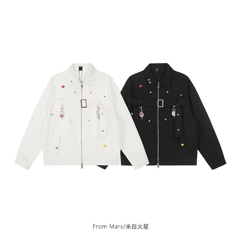 Lapel Collar Button Detail Zip Up Jacket Product Image