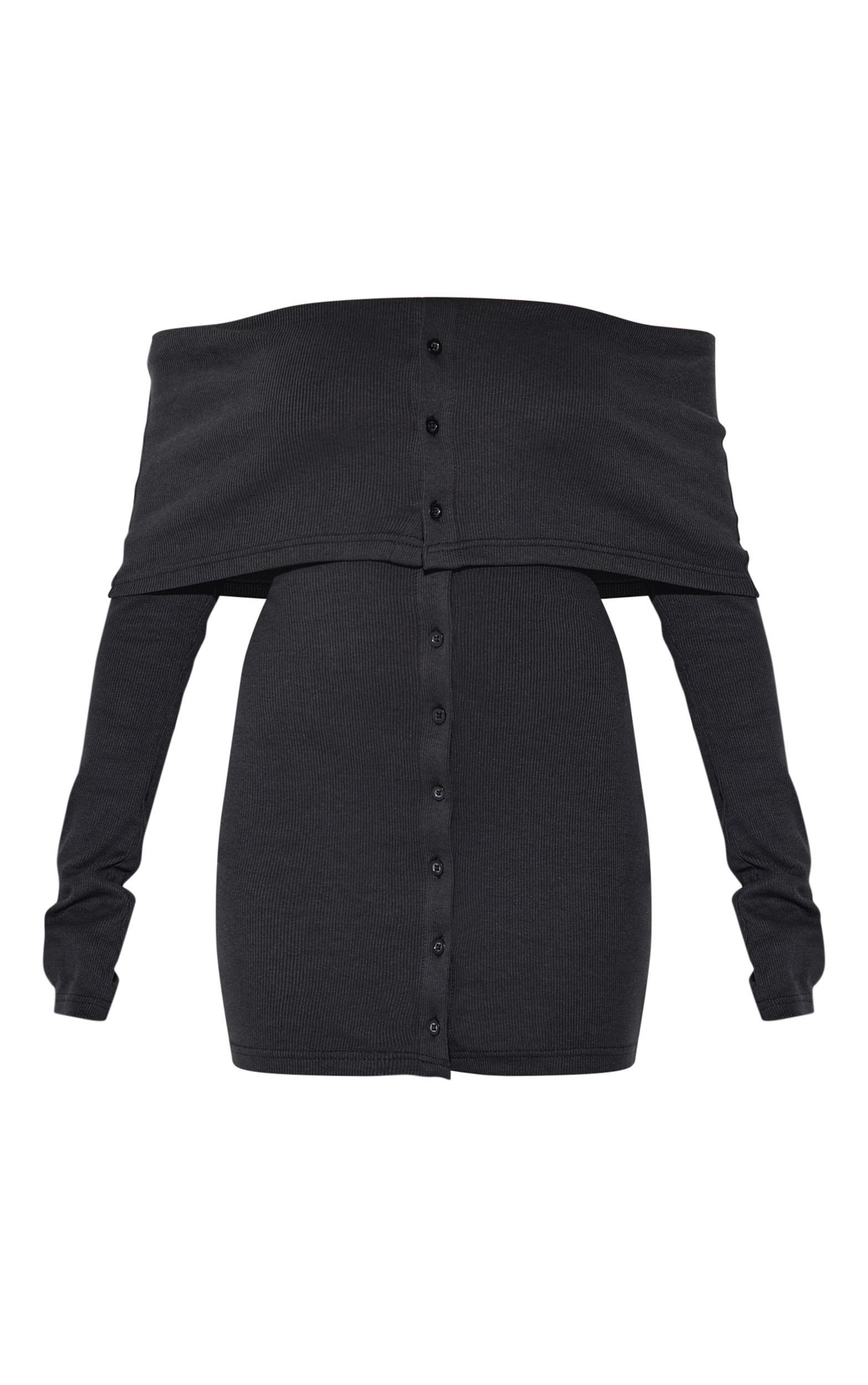  Black Rib Fold Over Bardot Button Mini Dress Product Image