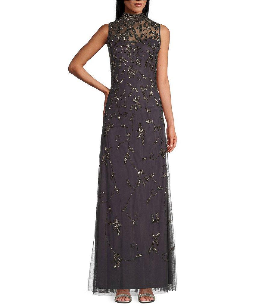Alex Evenings Illusion Mock Neck Sleeveless Hand Beaded Sheath Gown Product Image