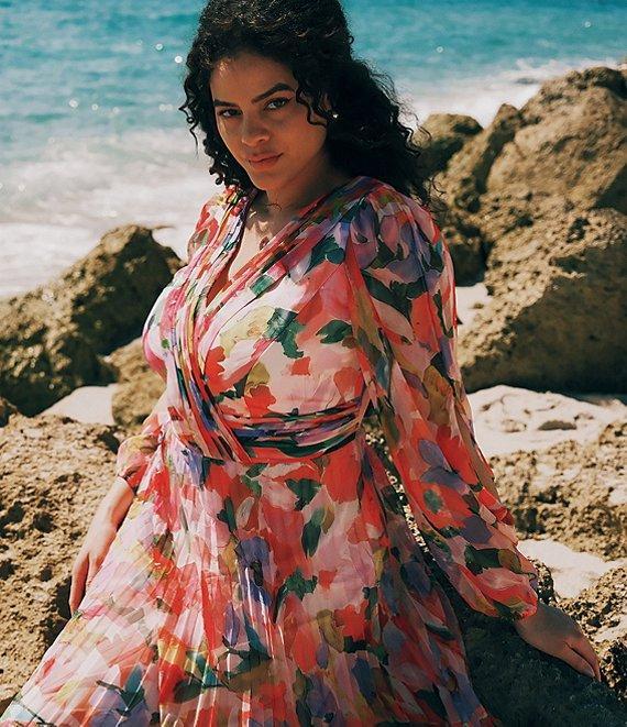 Betsy & Adam Floral V-Neck Long Sleeve Pleated Gown Product Image