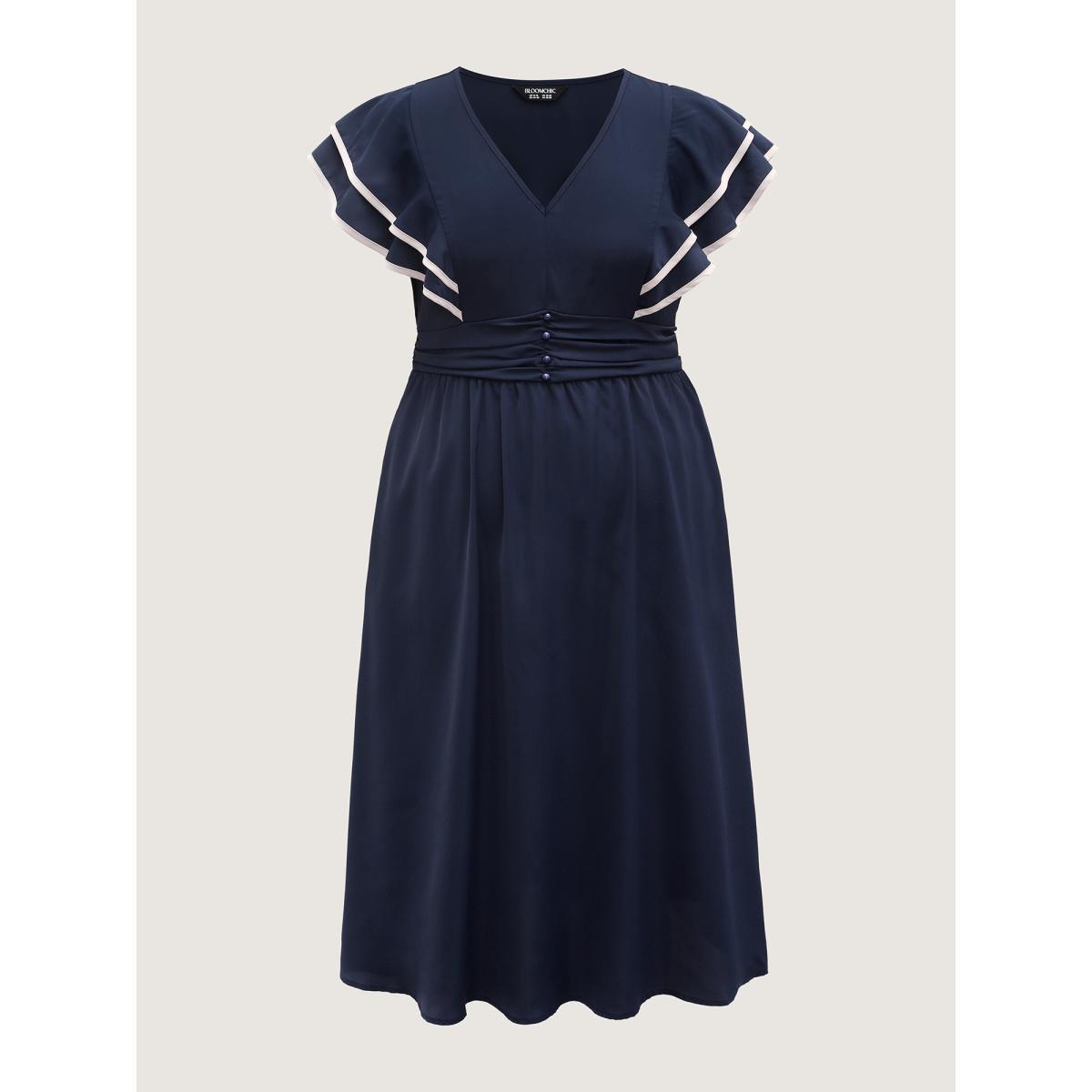 Plus Size Color Contrast Pleated Cinched Waist Midi Dress DarkBlue Women V-neck Short sleeve Curvy BloomChic 26/4X Product Image