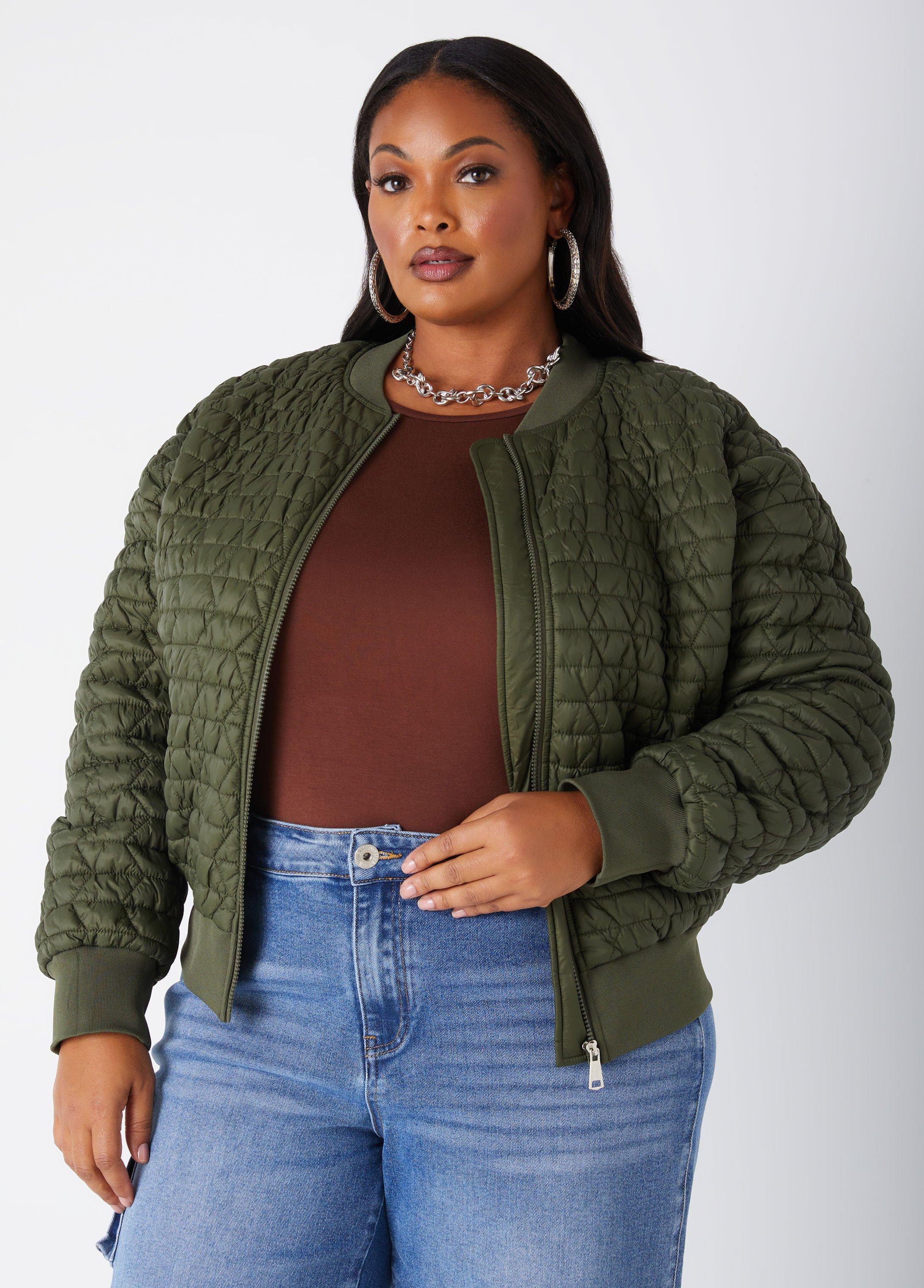 Plus Size Ribbed Trim Quilted Bomber Jacket Ashley Stewart Product Image