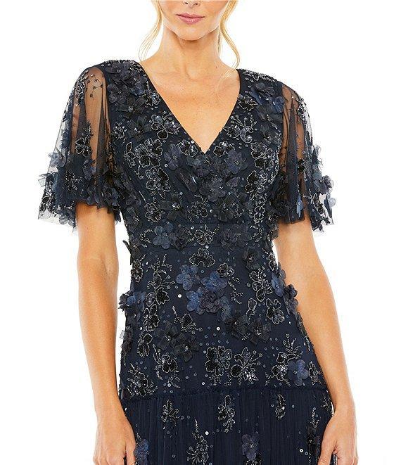 Mac Duggal 3D Floral Embellished Beaded Mesh V-Neck Flutter Sleeve A-Line Dress Product Image