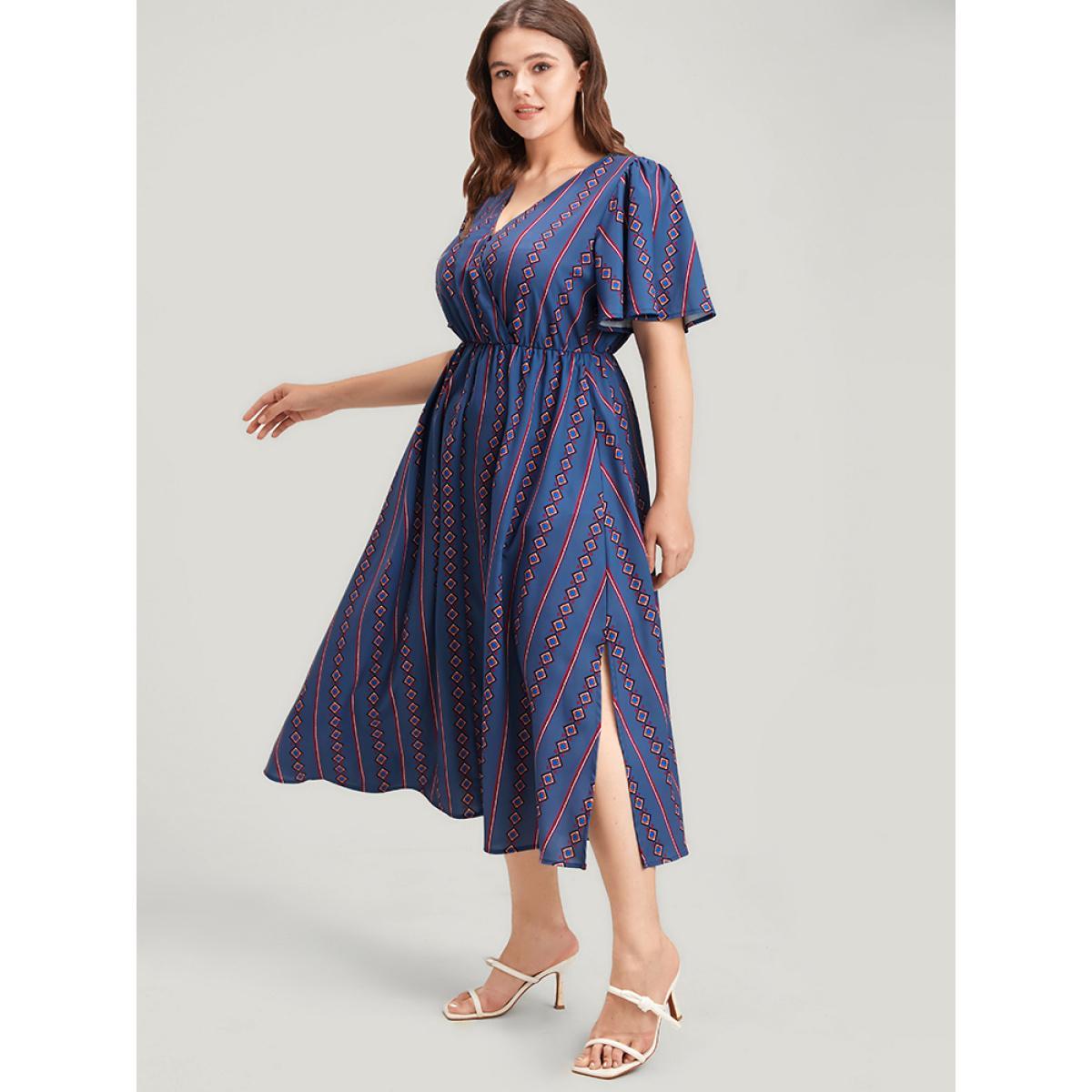 Plus Size Striped Pocket Split Flutter Wrap Midi Dress DarkBlue Women Casual Printed V-neck Short sleeve Curvy Midi Dress BloomChic 18-20/2X Product Image