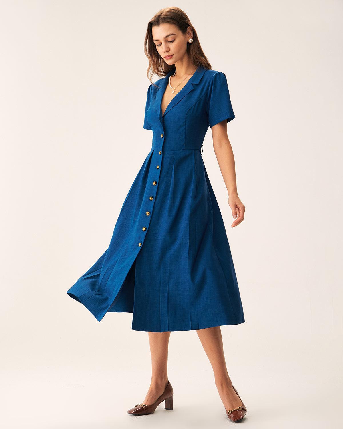 Blue V Neck Pleated Button Midi Dress Product Image