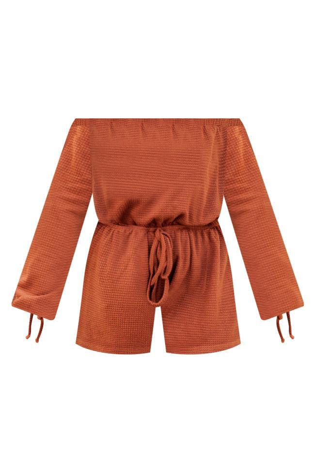 A Darling Day Rust Waffle Knit Off The Shoulder Romper FINAL SALE Product Image