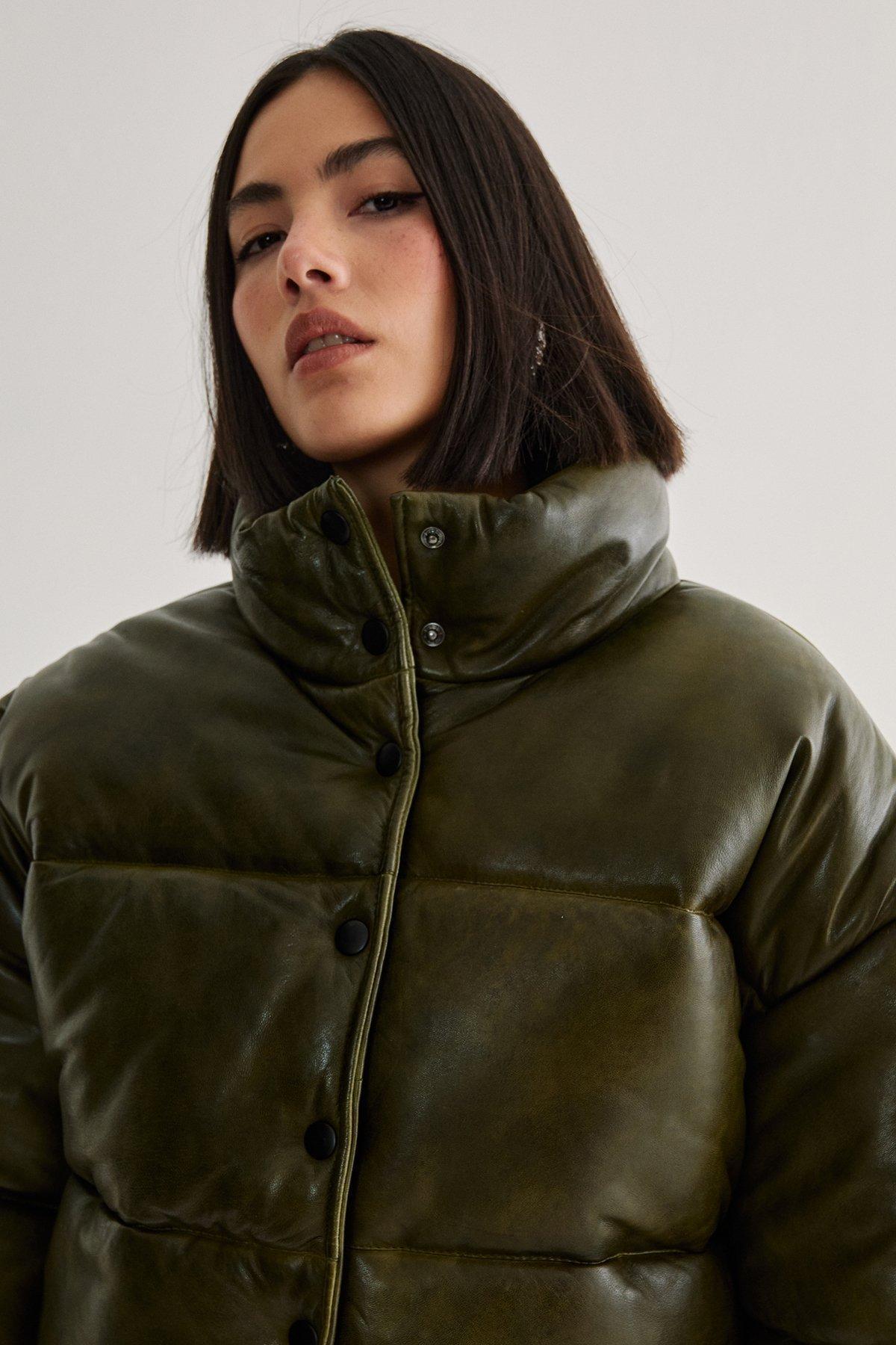 Real Leather Distressed Puffer Coat Product Image