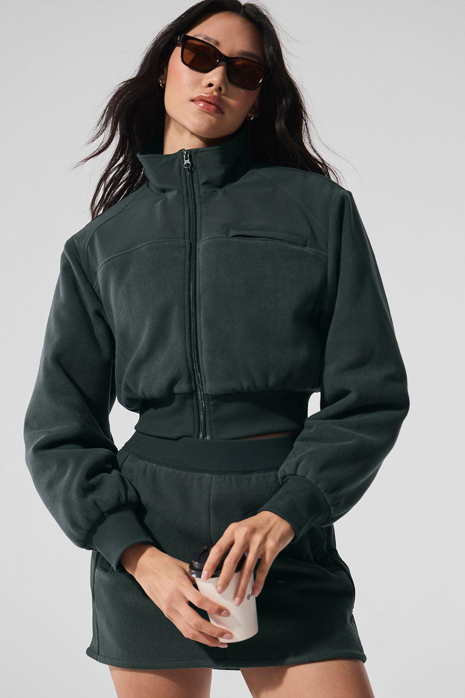 Polar Fleece Cropped Wintry Mix Jacket - Charcoal Green Product Image