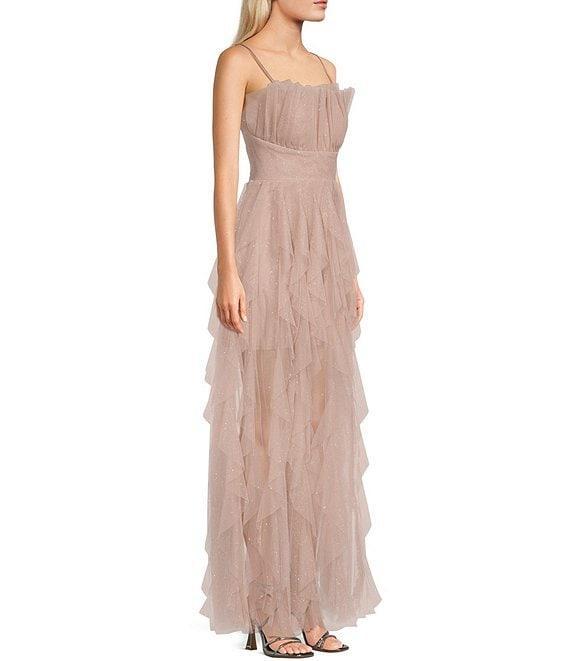 Pear Culture Spaghetti Strap Square Neck Glitter Corkscrew Ruffled Dress Product Image