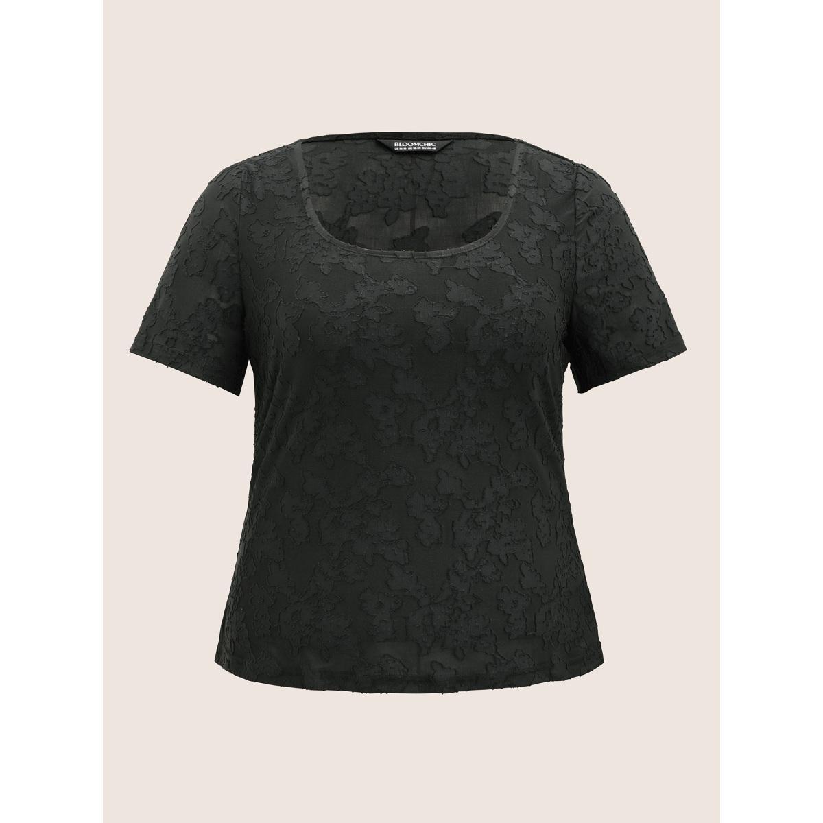 Plus Size Square Neck Plain Textured T-shirt Black Women Elegant Texture Square Neck Everyday T-shirts BloomChic 18-20/2X Product Image
