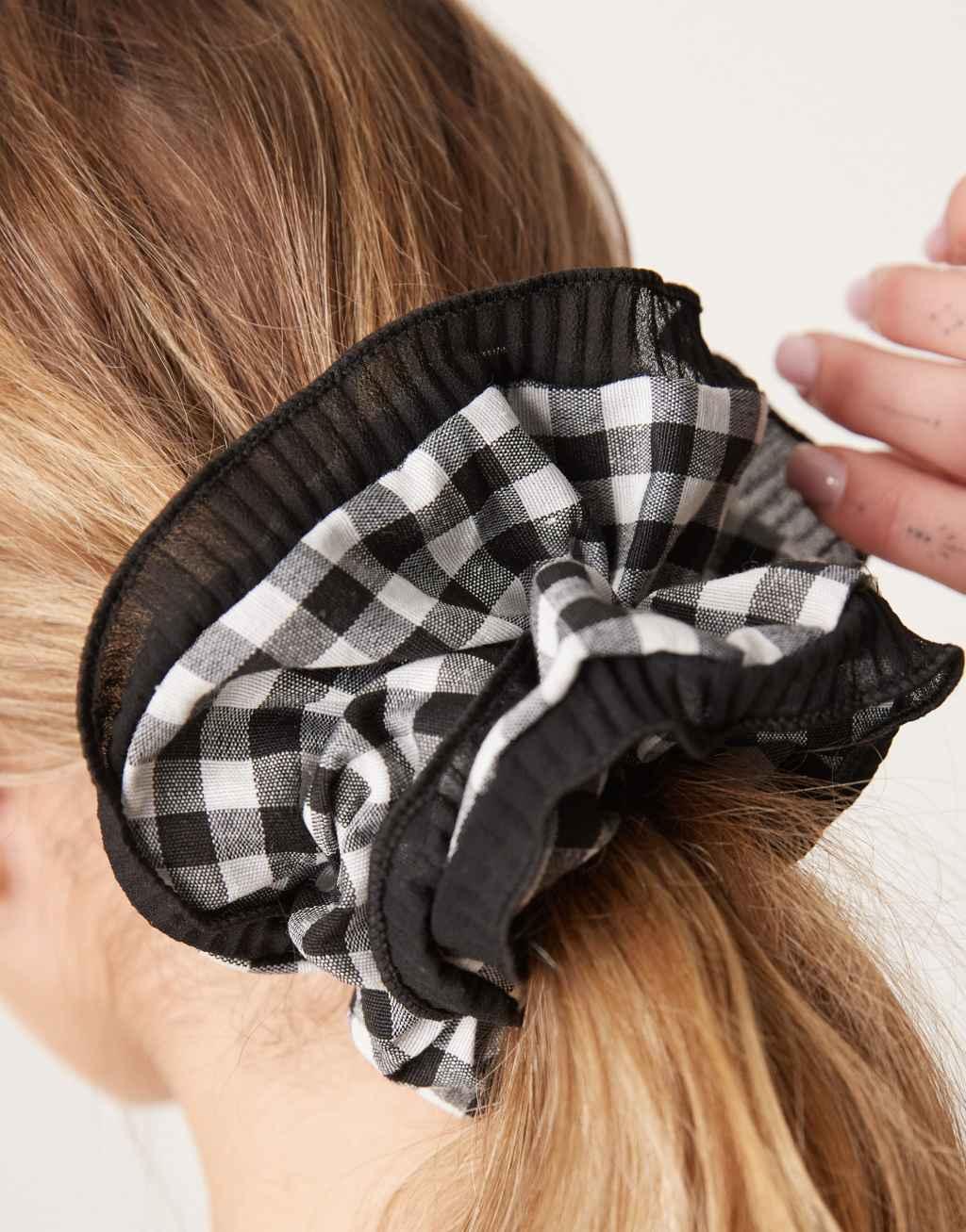 ASOS DESIGN scrunchie hairband with gingham print and contrast frill edge Product Image