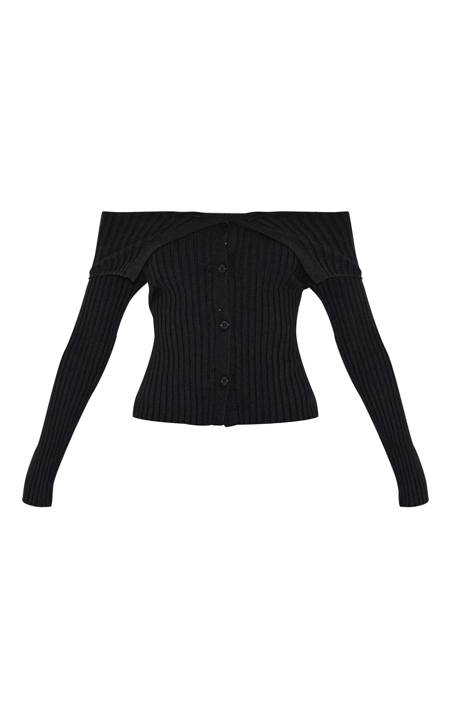 Black Rib Knit Fold Over Button Up Top Product Image