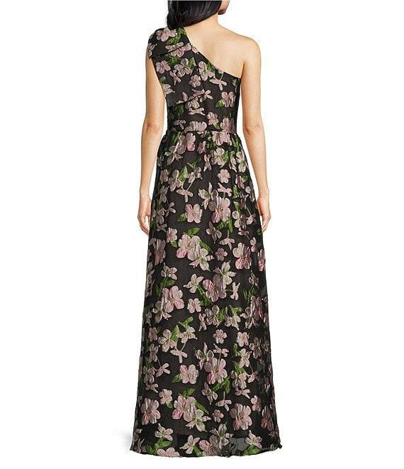 Abbey Glass Caroline Asymmetrical Neck Sleeveless Bow One Shoulder Bow Jacquard Pocketed A-Line Gown Product Image