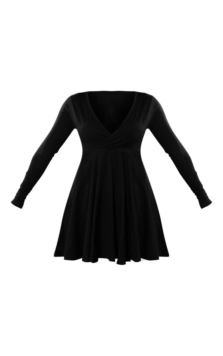  Black Cotton Wrap Long Sleeve Skater Dress Product Image