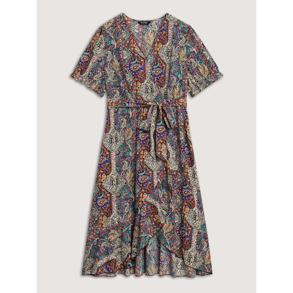 Plus Size Boho Print Overlap Hem Belted Midi Dress Multicolor Women Overlapping Overlap Collar Short sleeve Curvy BloomChic 26/4X Product Image