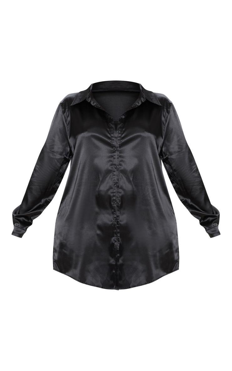 Plus Black Satin Button Front Shirt Dress Product Image