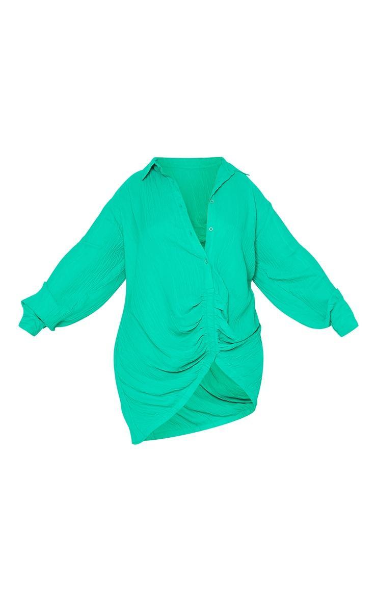 Plus Green Textured Gathered Detail Long Sleeve Shirt Dress Product Image