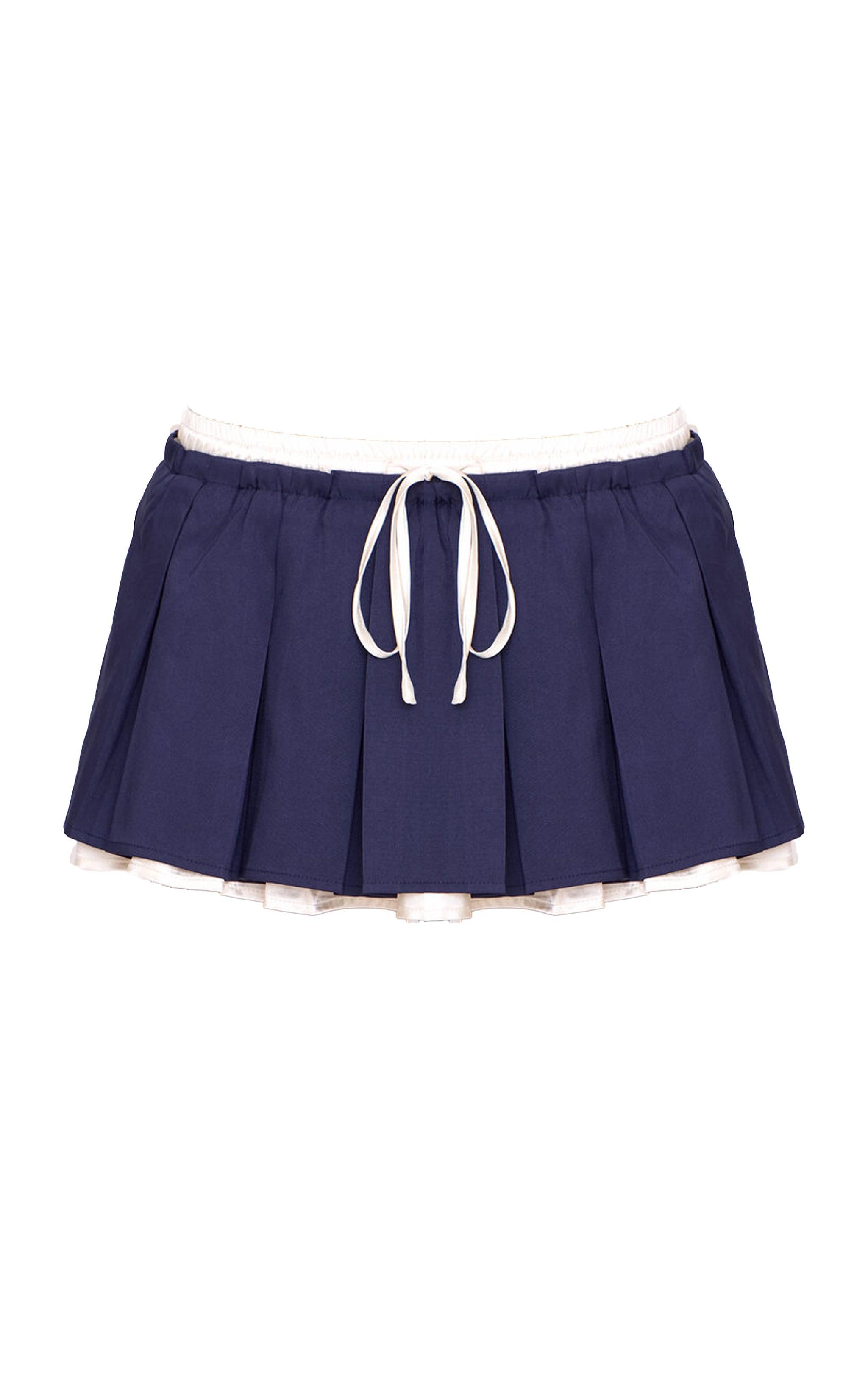 Navy Satin Double Waistband Detail Tailored Woven Pleated Mini Skirt Product Image