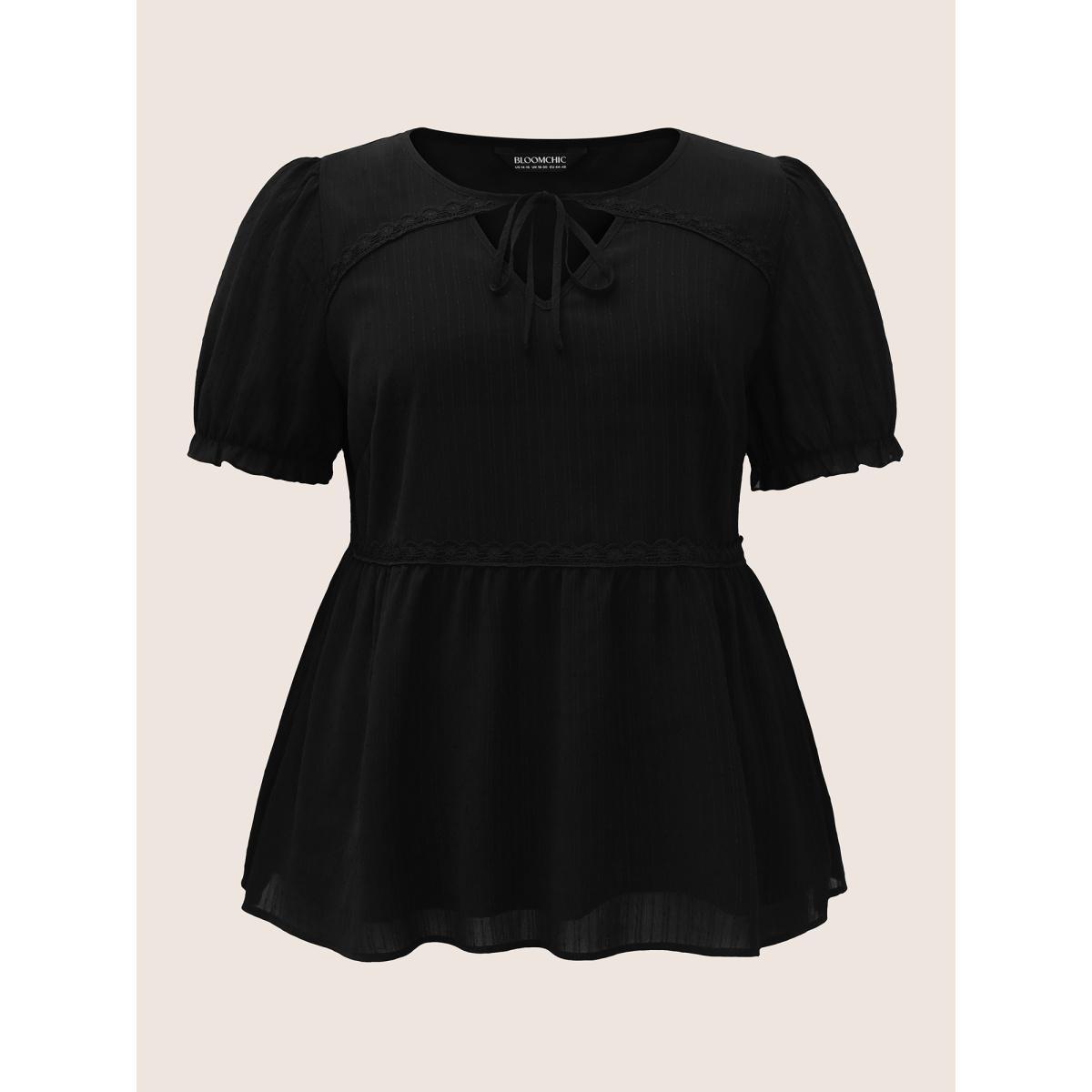 Plus Size Black Lace Panel Knot Neck Lantern Sleeve Blouse Women Elegant Short sleeve V-neck Everyday Blouses BloomChic 10/M Product Image