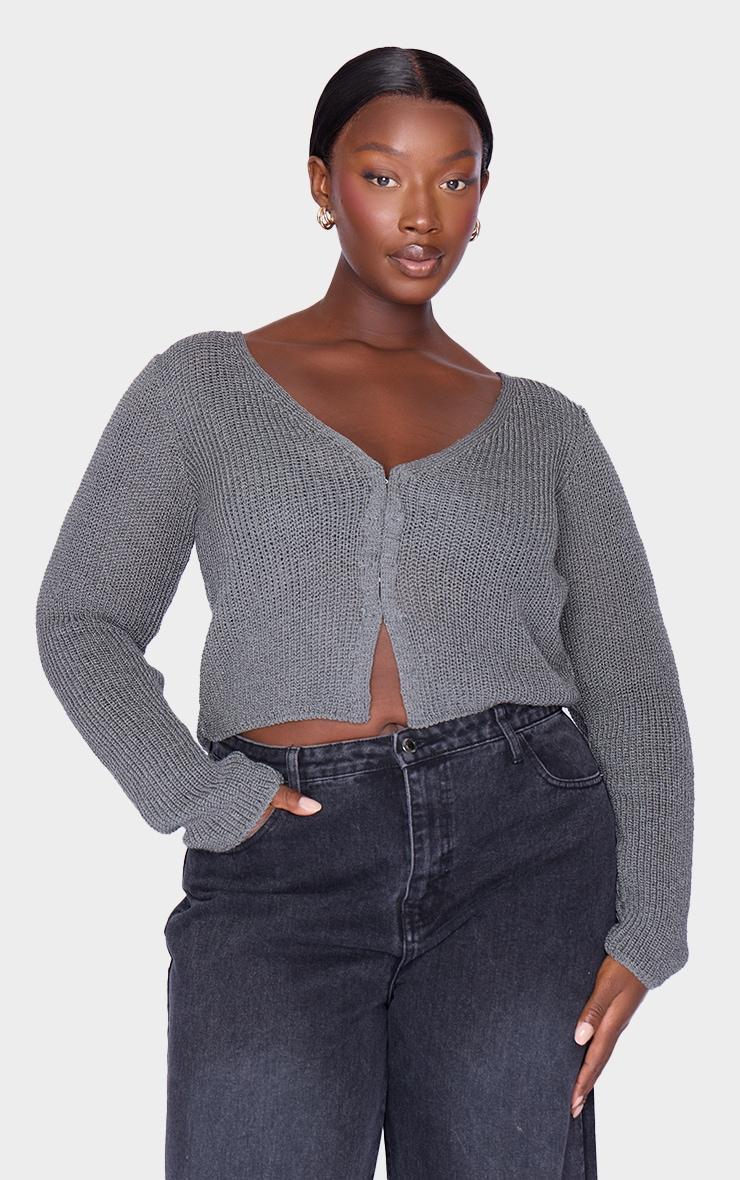 Plus Charcoal Knitted Hook And Eye Cardigan Product Image