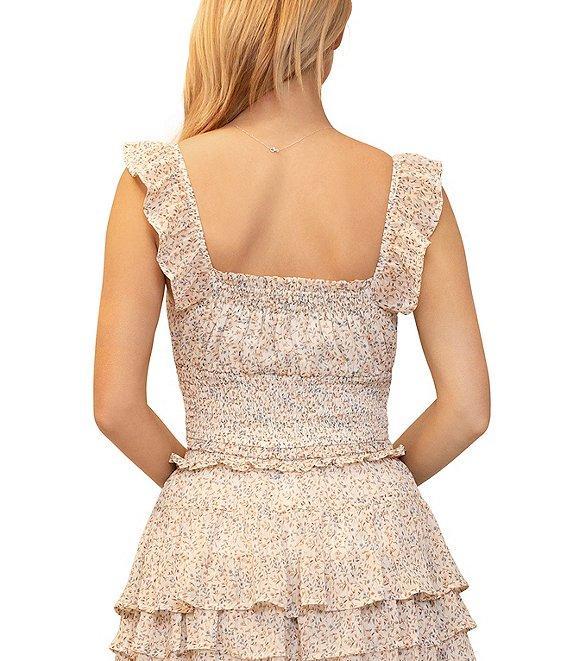 Stevie By Steve Madden Floral Print Metallic Chiffon Square Neck Flutter Strap Smocked Top Product Image