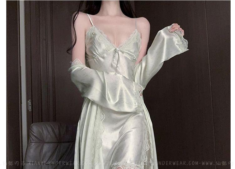 Floral Slit Lace Trim Slip Dress / Robe Product Image