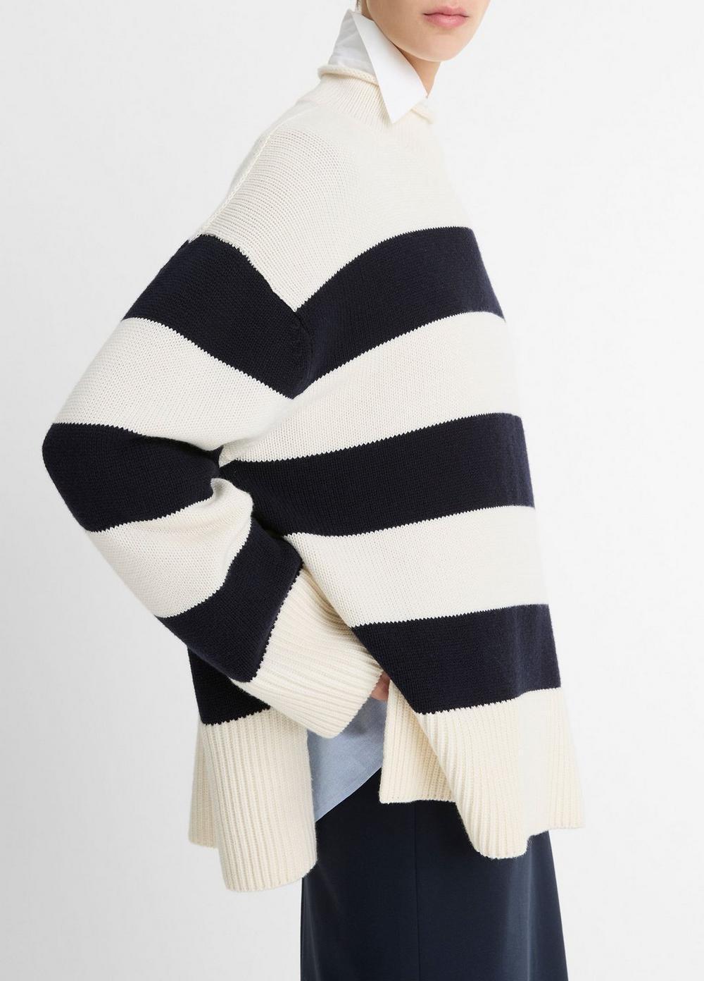 Womens Striped Wool-cotton Oversized Roll-Neck Sweater, Off White/coastal Blue, Size L Vince Product Image