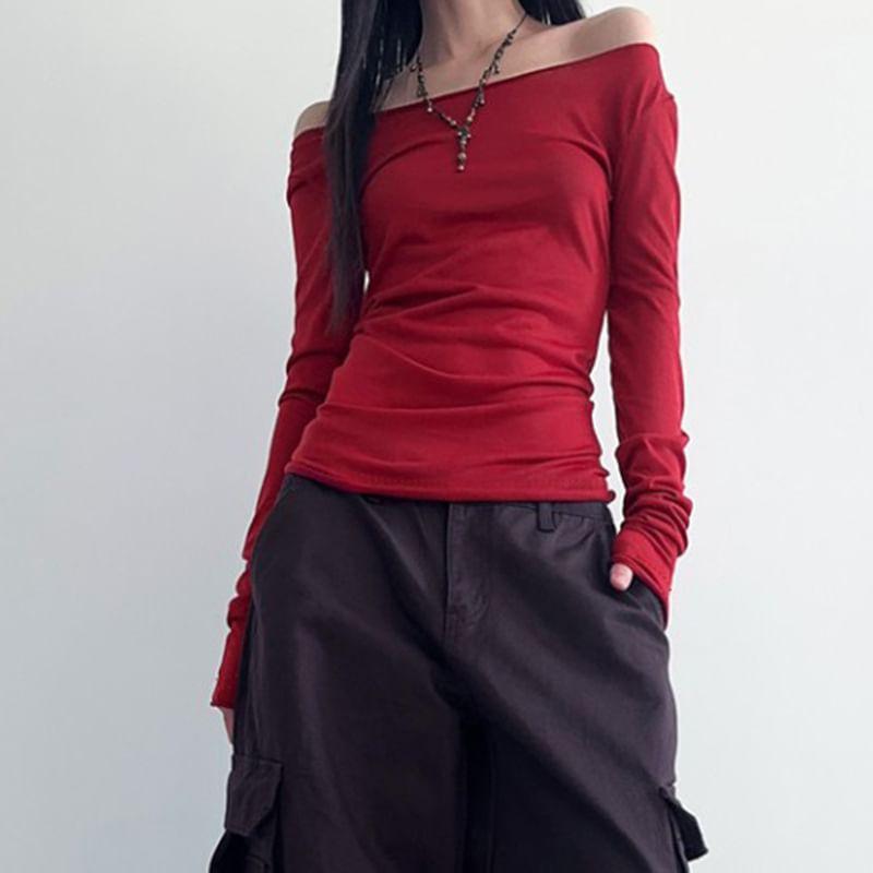 Long-Sleeve Off Shoulder Plain Top / Waist Belt Product Image