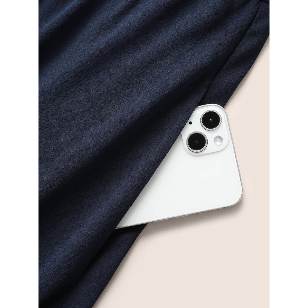 Plus Size Plain Sleeveless Frill Trim Pocket Belted Mock Neck Dress DarkBlue Women At the Office Pocket Mock Neck Sleeveless Curvy Midi Dress BloomChic 30/6X Product Image