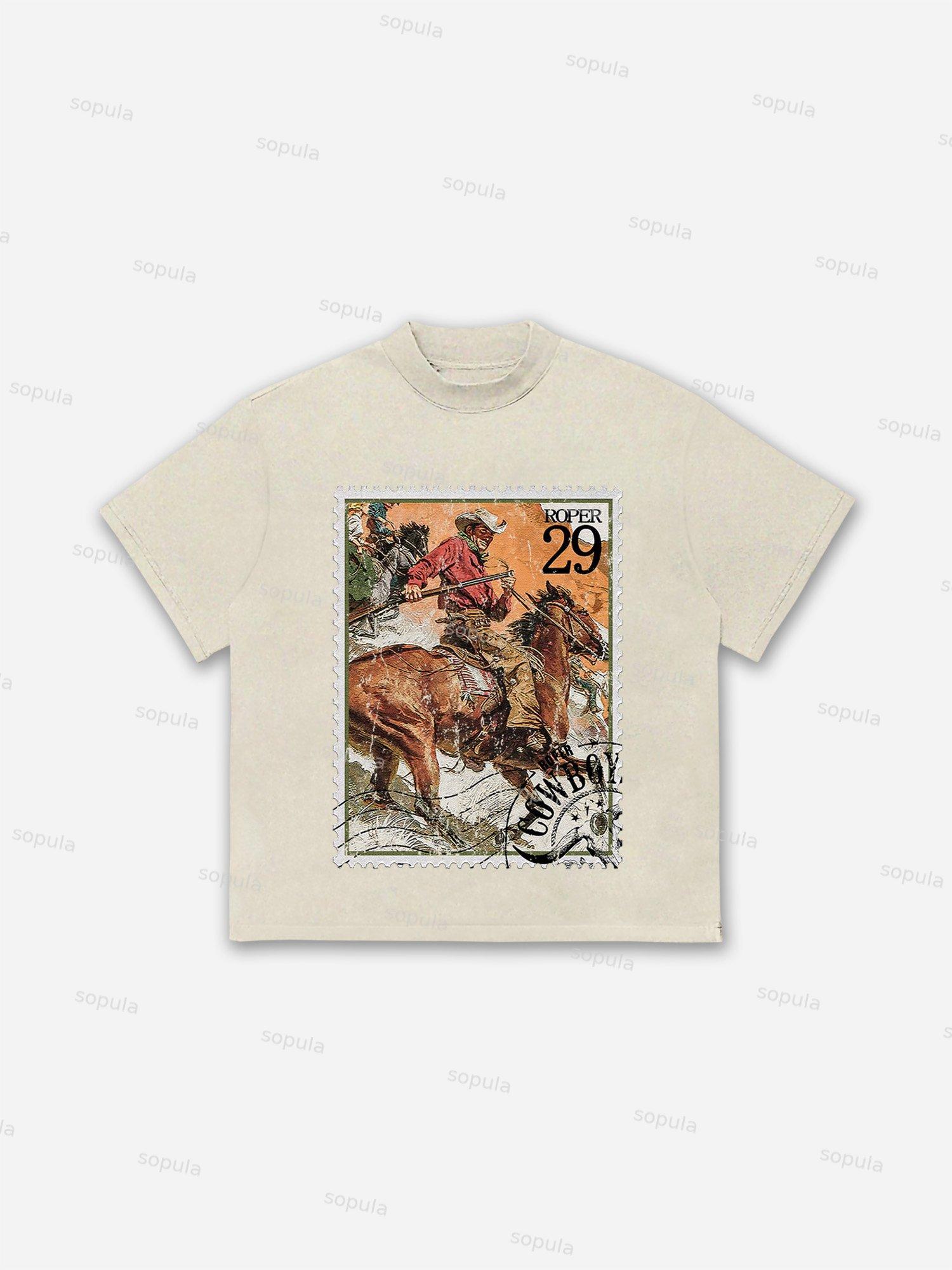 Rodeo Cowboy Stamp Print Cotton T-shirt Product Image