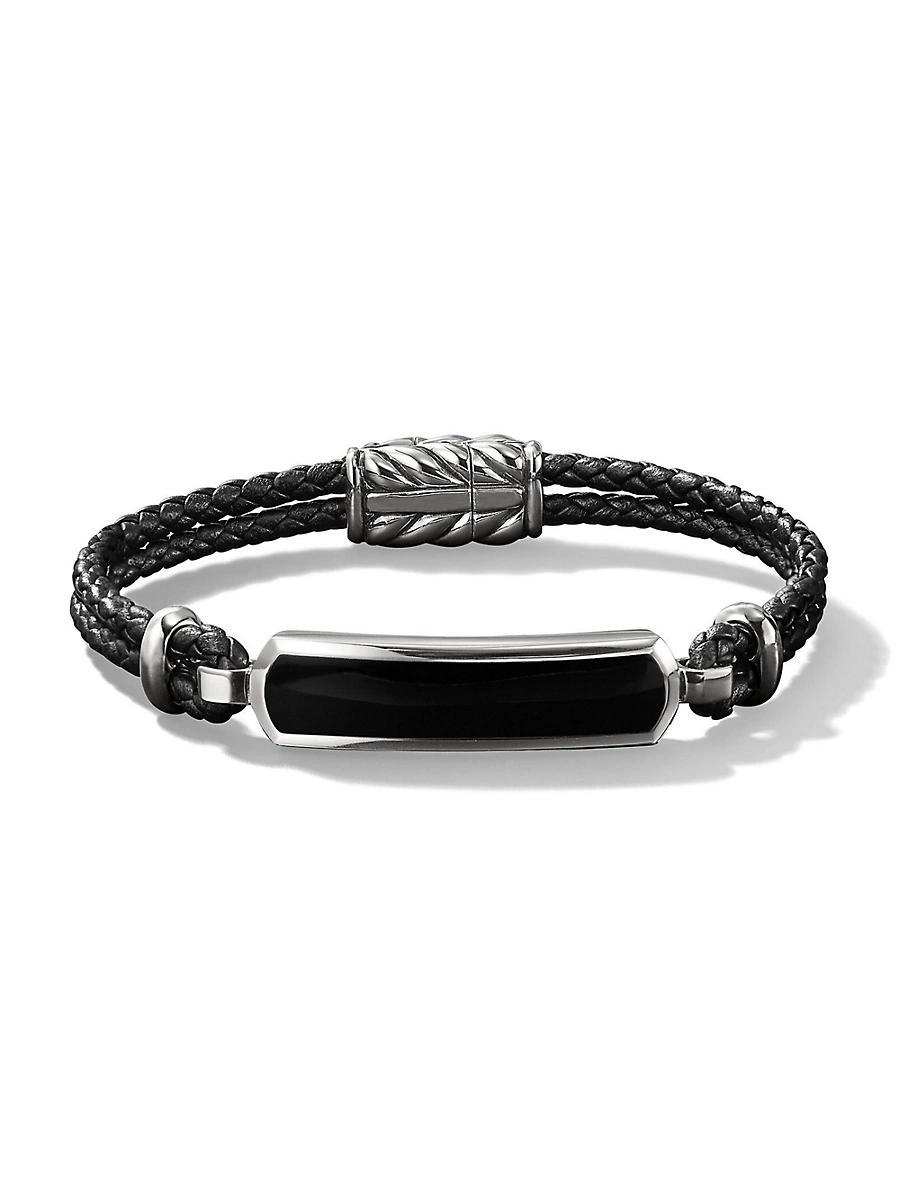 Mens Exotic Stone Bar Station Leather Bracelet with Silver, 3mm Product Image