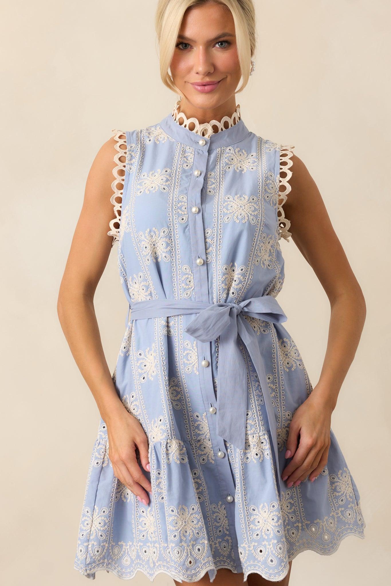 Through The Rain Cotton Sky Blue Embroidered Mini Dress Product Image