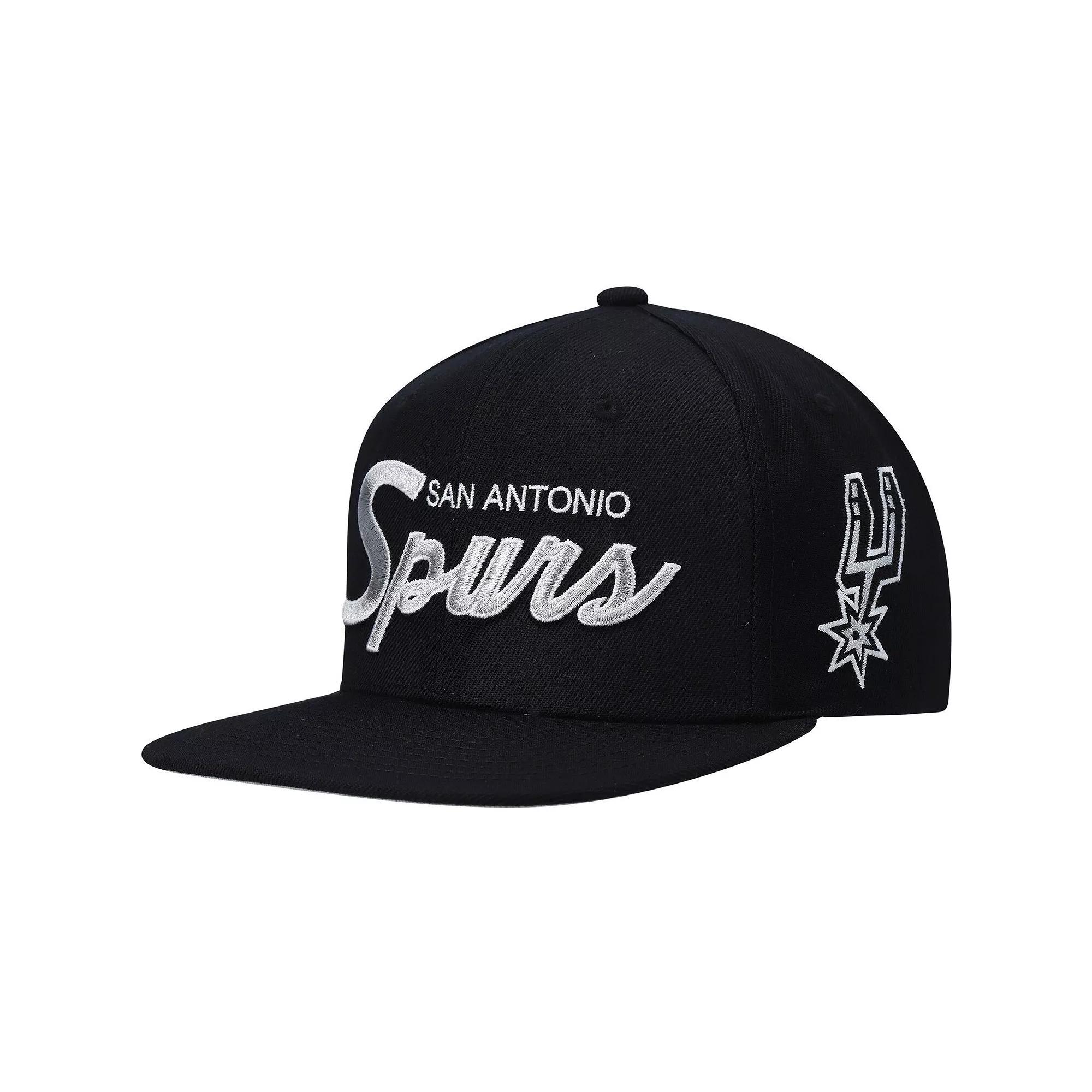 Men's Mitchell & Ness Black San Antonio Spurs Hardwood Classics Script 2.0 Snapback Hat Product Image