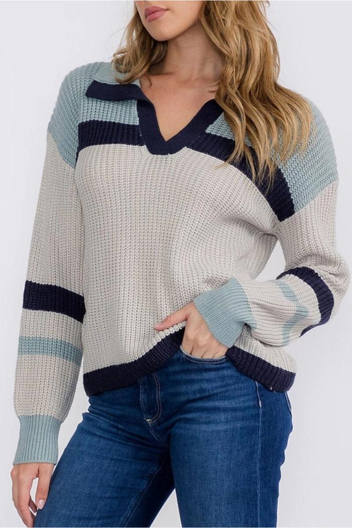 V-Neck Knit Colorblock Pullover Sweater Product Image