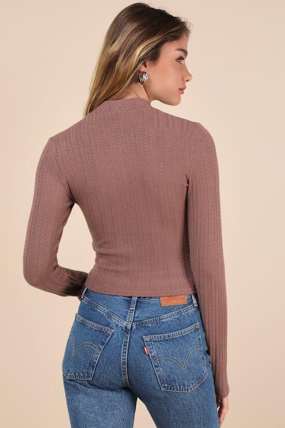 Cozy Being Brown Pointelle Knit Twist-Front Long Sleeve Top Product Image