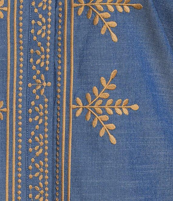 Calessa Plus Size Embroidered Chambray Split V-Neck Long Sleeve Tunic Product Image
