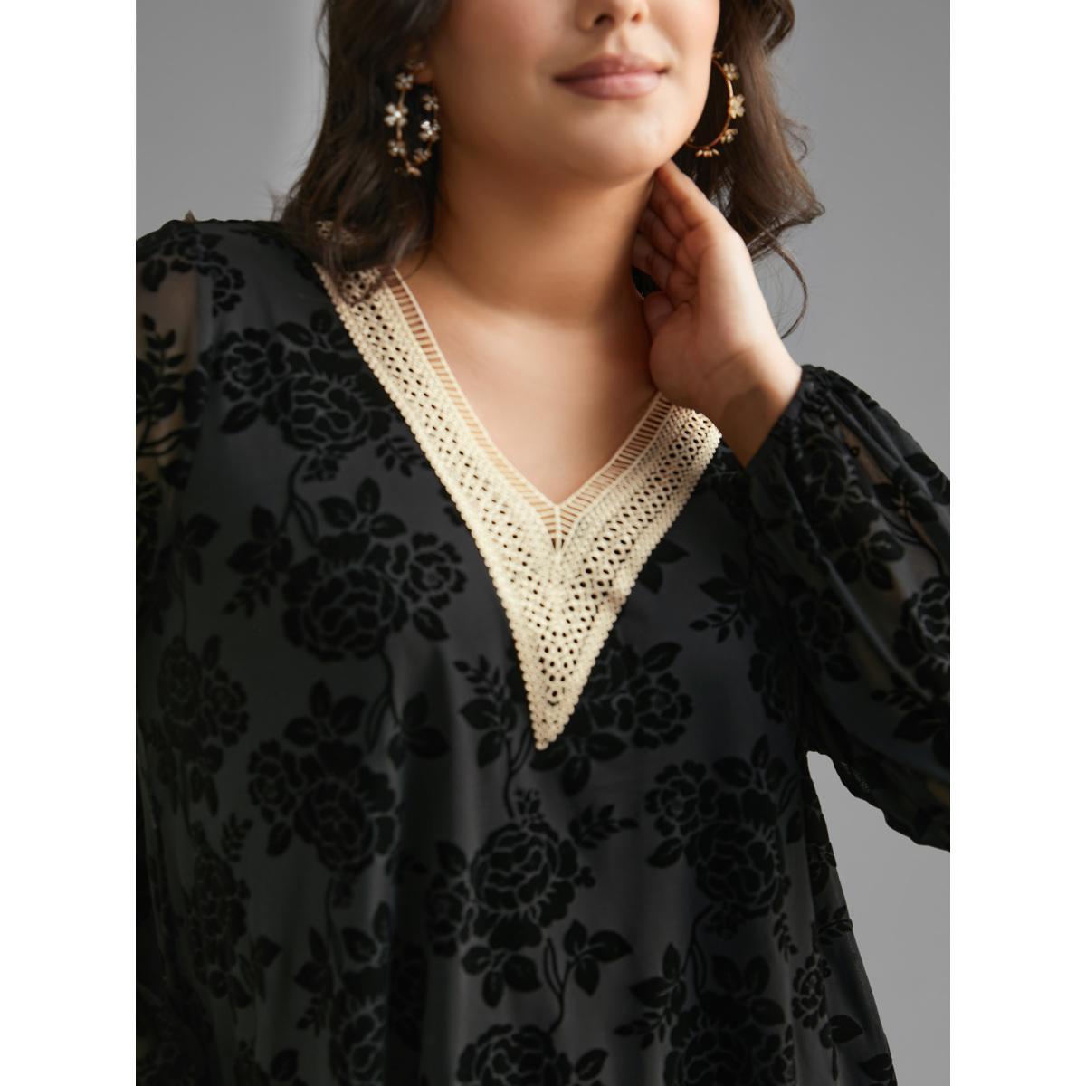 Plus Size Black Sheer Flocked Lace Trim V-neck Blouse Women Cocktail Long Sleeve V-neck Party Blouses BloomChic 14-16/1X Product Image