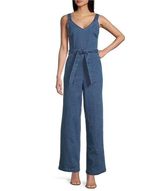 Copper Key Tie Front Wide Leg Denim Jumpsuit Product Image