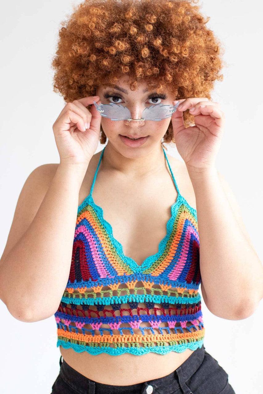 Teal Multicolor Crochet Halter Crop Product Image