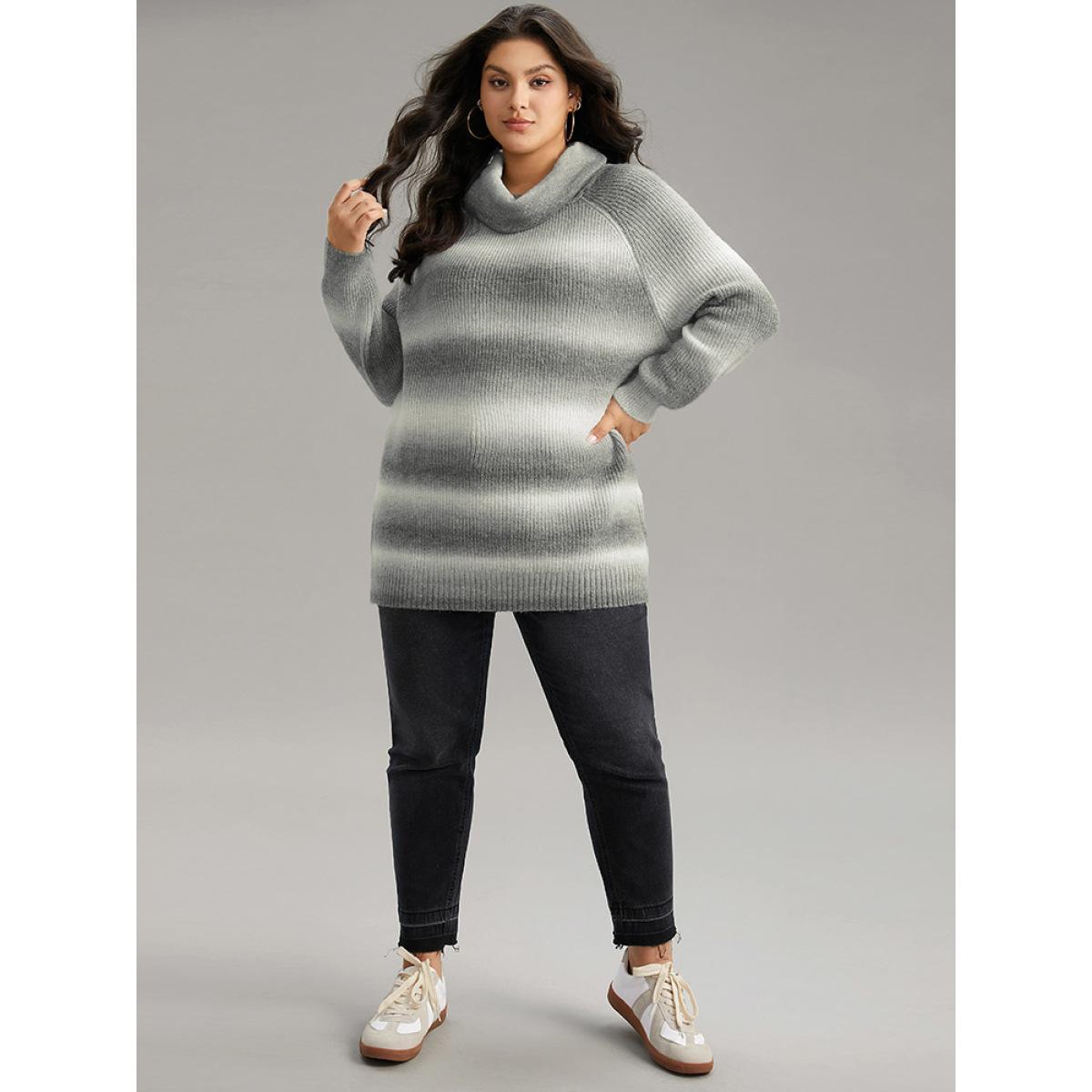 Plus Size Turtleneck Ombre Heather Raglan Sleeve Pullover Gray Women Casual Loose Long Sleeve Turtleneck Dailywear Pullovers BloomChic 14-16/1X Product Image