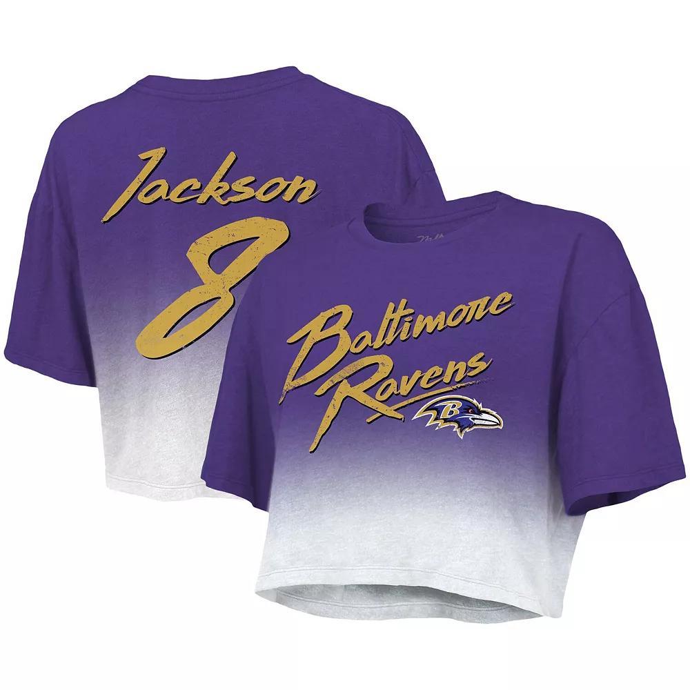 Women's Majestic Threads Lamar Jackson Purple/White Baltimore Ravens Drip-Dye Player Name & Number Tri-Blend Crop T-Shirt, Size: XL Product Image