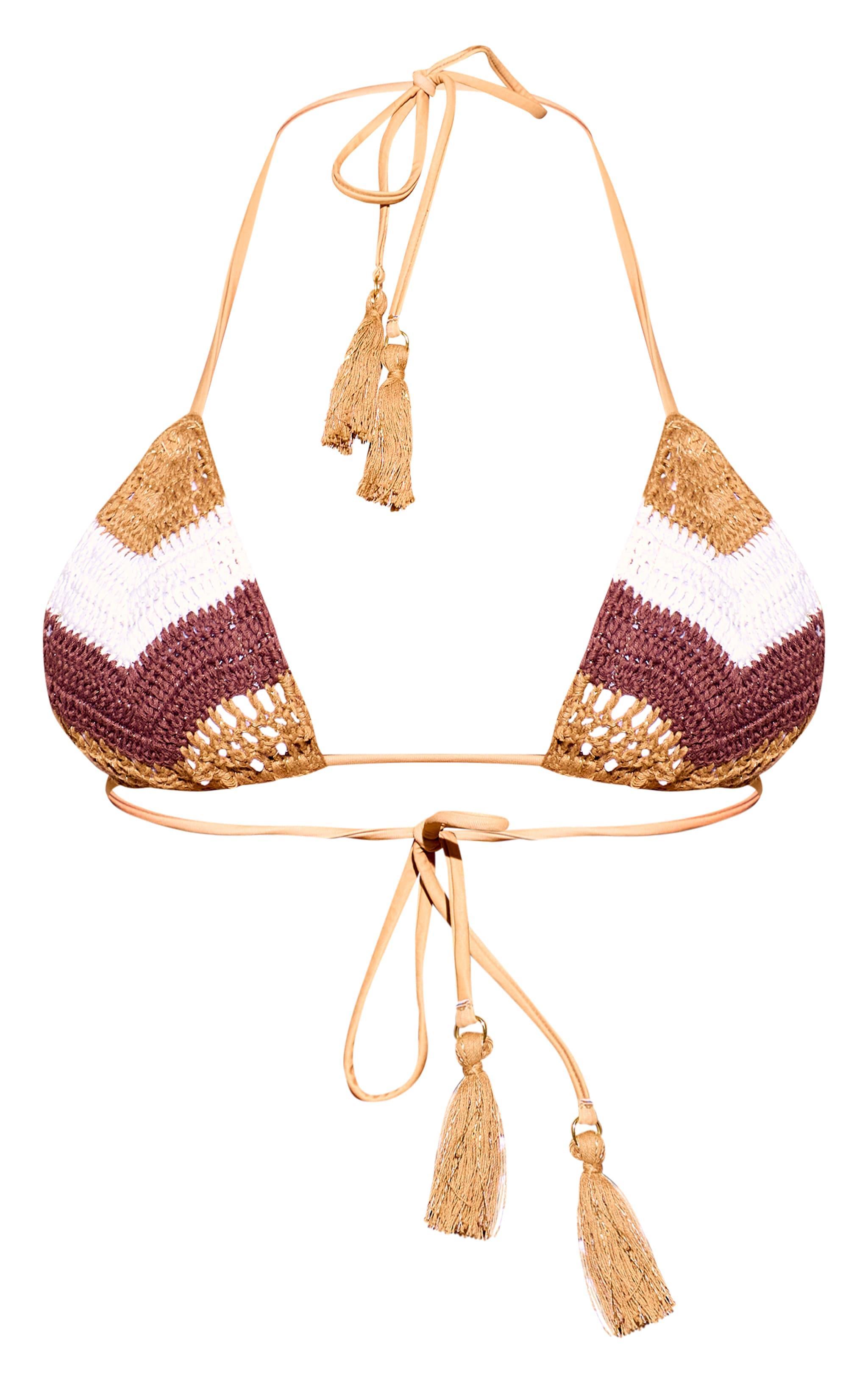 Neutral Crochet Stripe Triangle Bikini Top Product Image