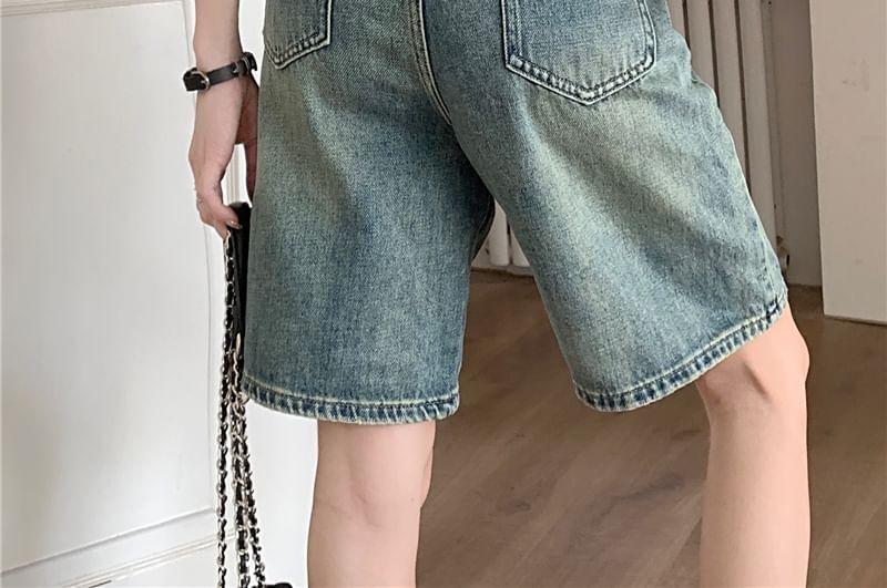 High Waist Washed Wide Leg Denim Shorts Product Image