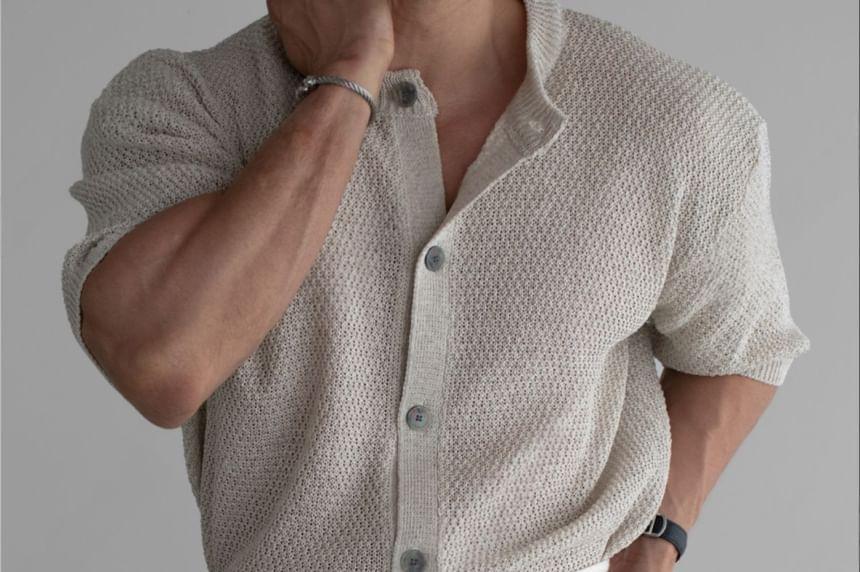 Short-Sleeve Button-Up Knit Top Product Image