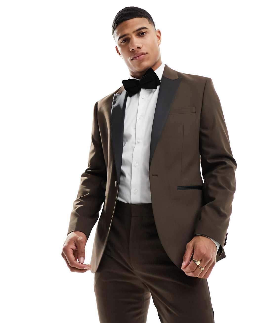 ASOS DESIGN skinny tuxedo suit jacket in brown Product Image