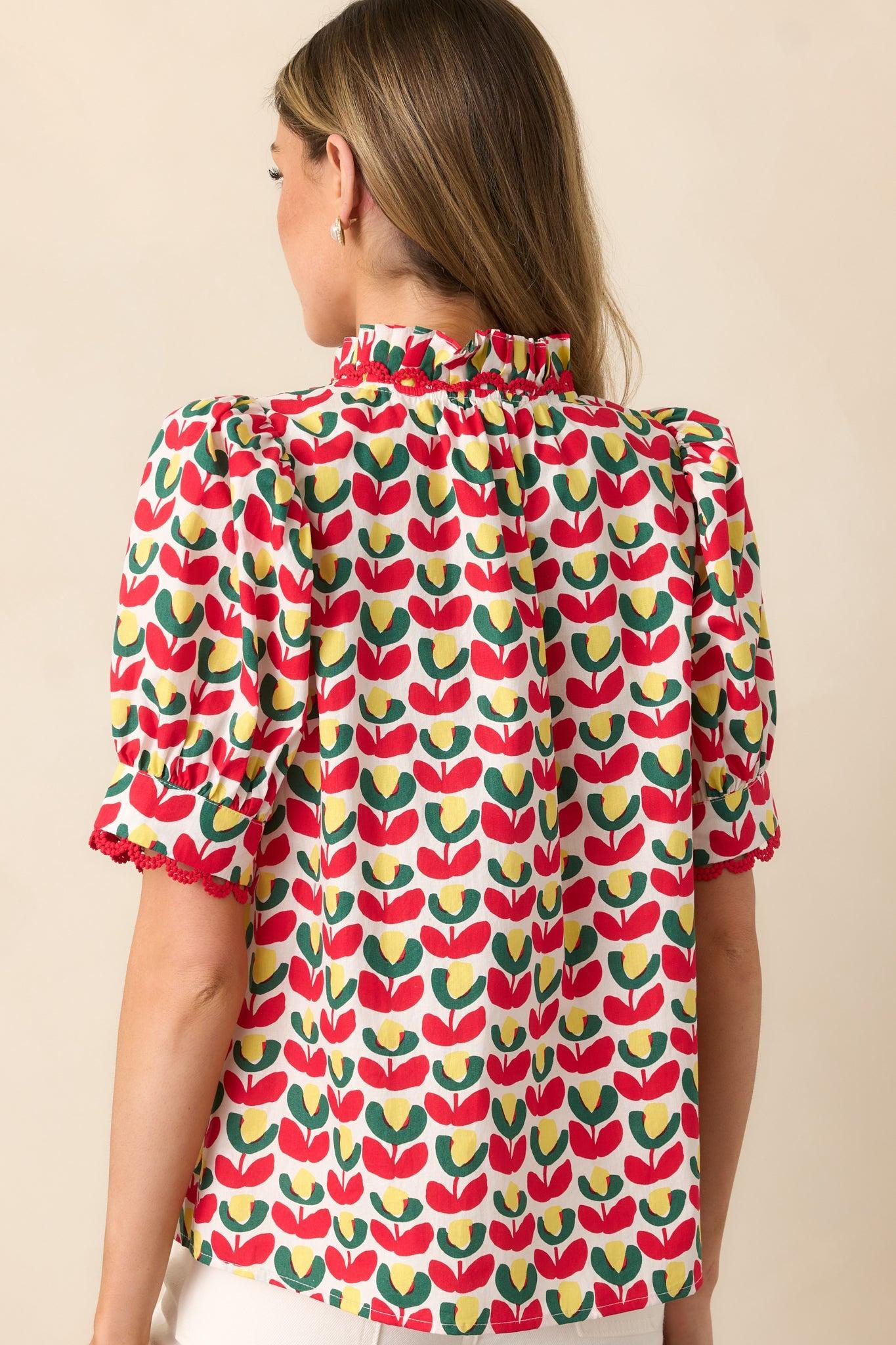 Lemonade Stand Cotton Red Floral Button Front Blouse Product Image