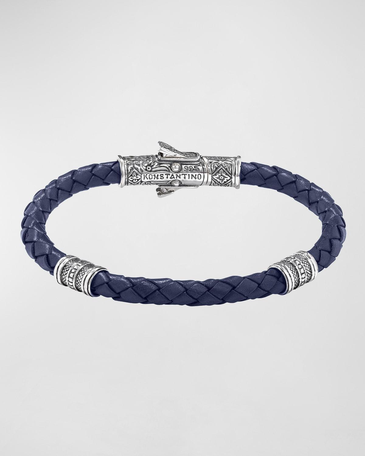 Mens Braided Leather Bracelet w/ Sterling Silver Product Image