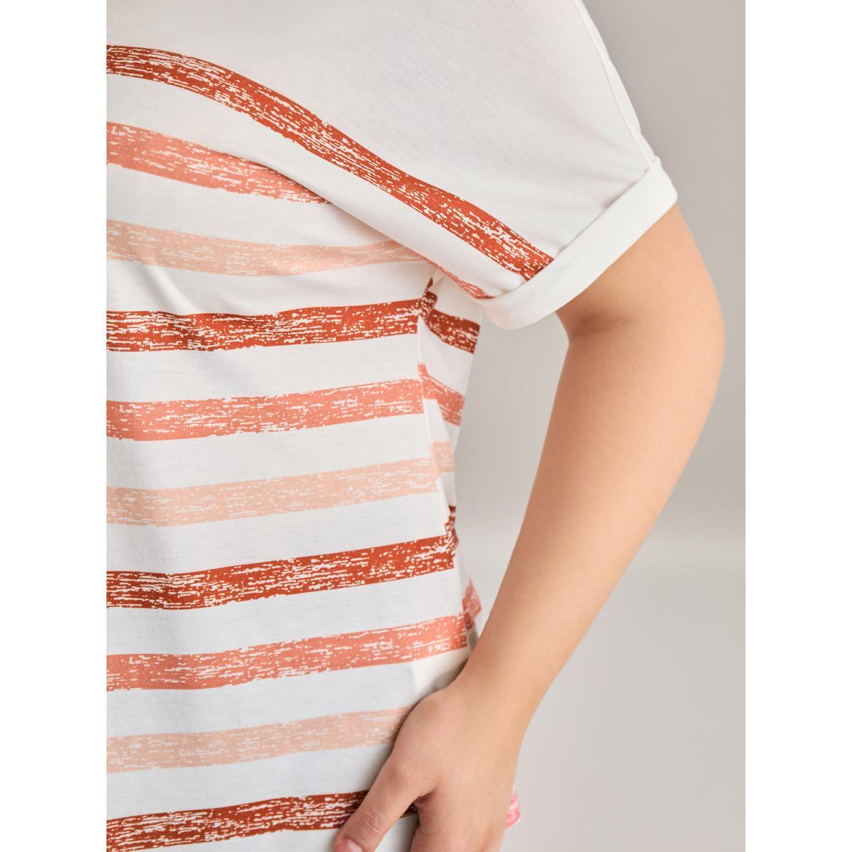 Plus Size Colorful Stripes Stretchy Crewneck T-Shirt WhiteSmoke Women Contrast Round Neck Everyday-Casual T-shirts BloomChic 10/M Product Image
