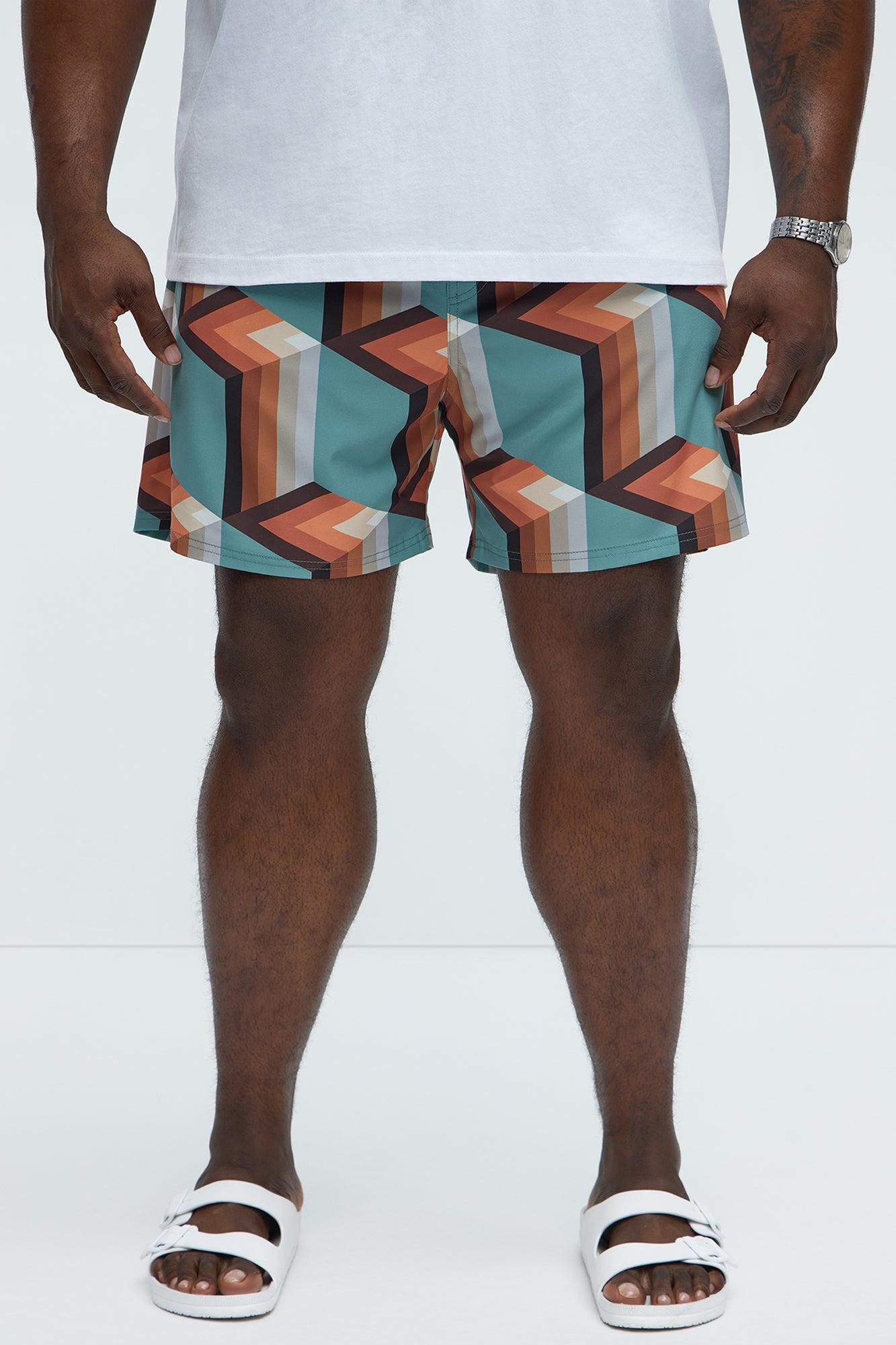 Retro Geometric Swim Mid Trunk - Teal/combo Product Image